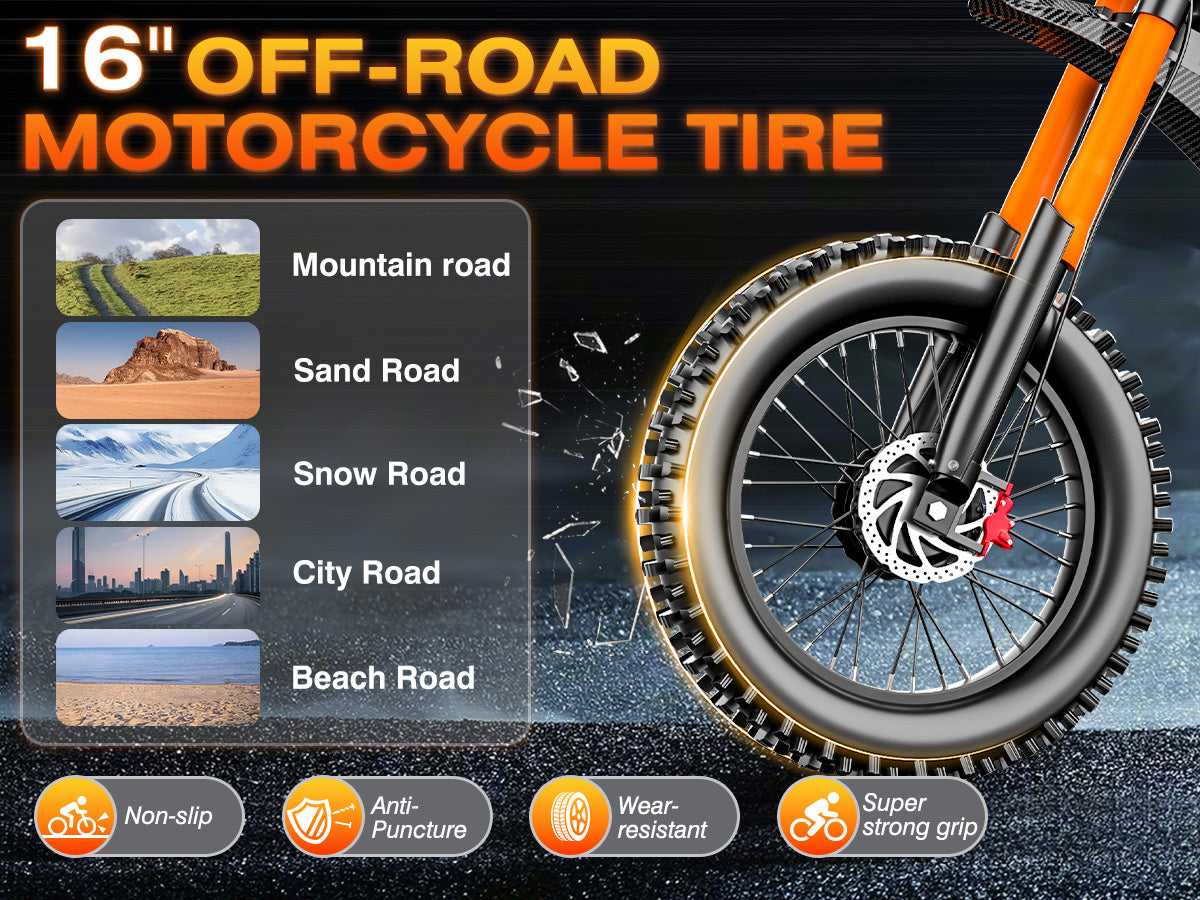 16" x 3.0" Off-Road TiresConfident Grip on Dirt, Gravel, and Pavement