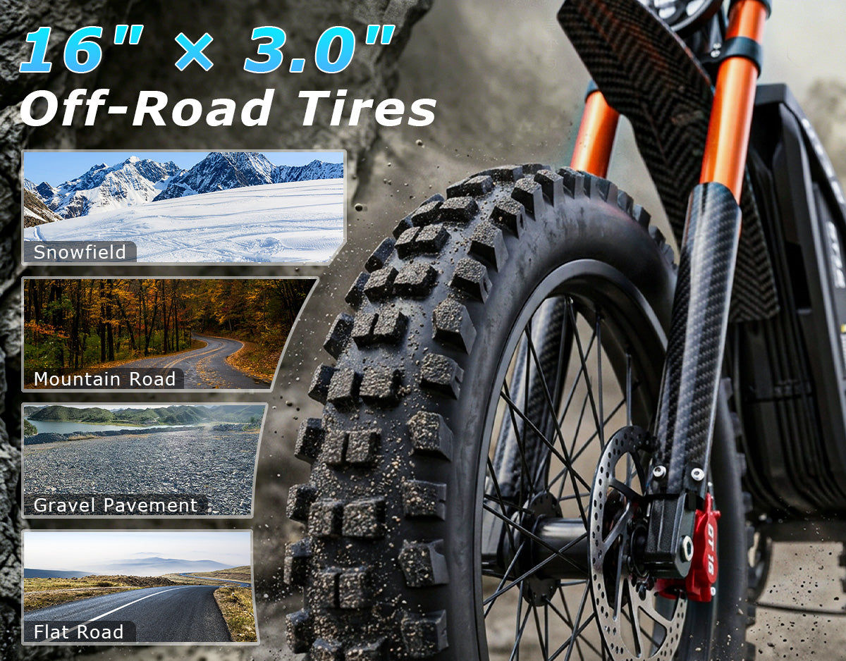 16" x 3.0" Off-Road TiresConfident Grip on Dirt, Gravel, and Pavement